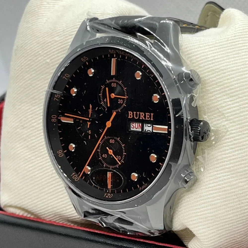 Burei B-7001M Men's Black Leather Analog Dial Quartz Genuine Wrist Watch JMB77
